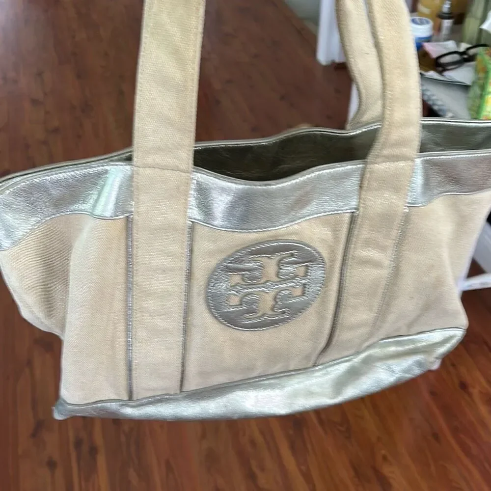 Tory Burch canvas and silver leather large tote bag